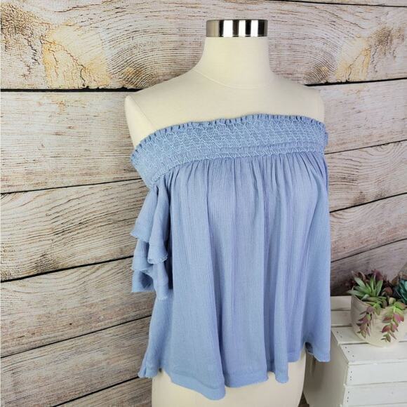 ONETHELAND Blue Off Shoulder Key Hole Back Embroidered Shoulder Top Small - Picture 5 of 9